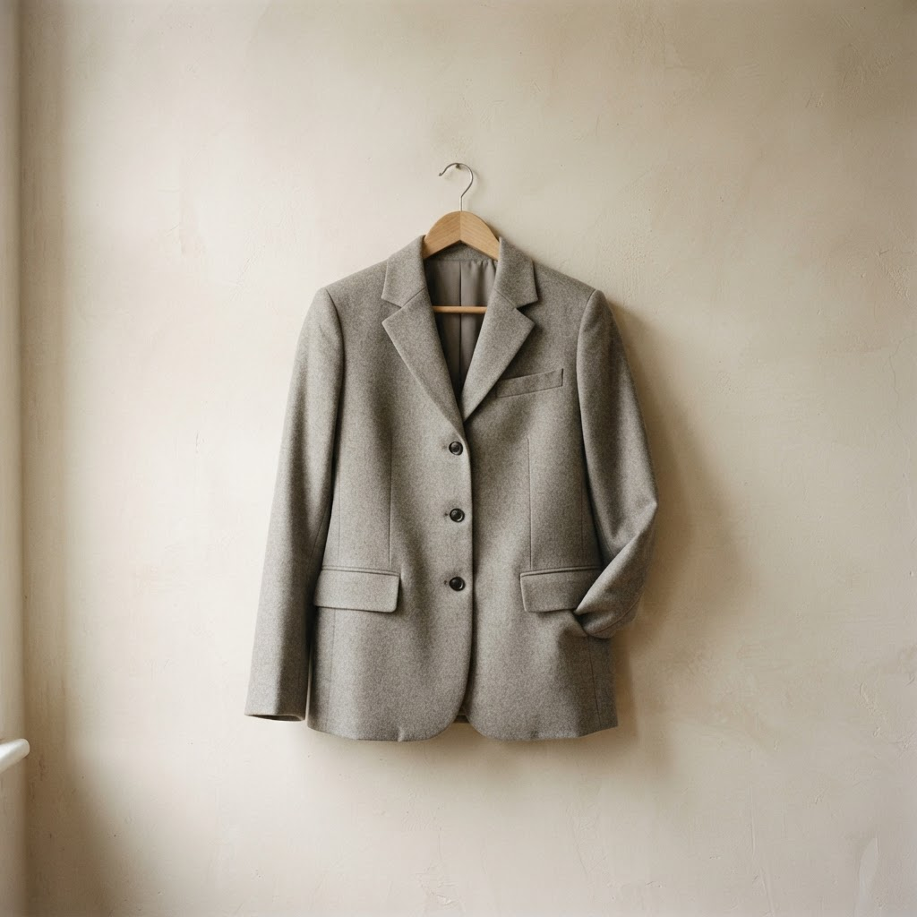A plain grey wool blazer on a wooden hanger against a warm plaster wall — a base jacket before its transformation
