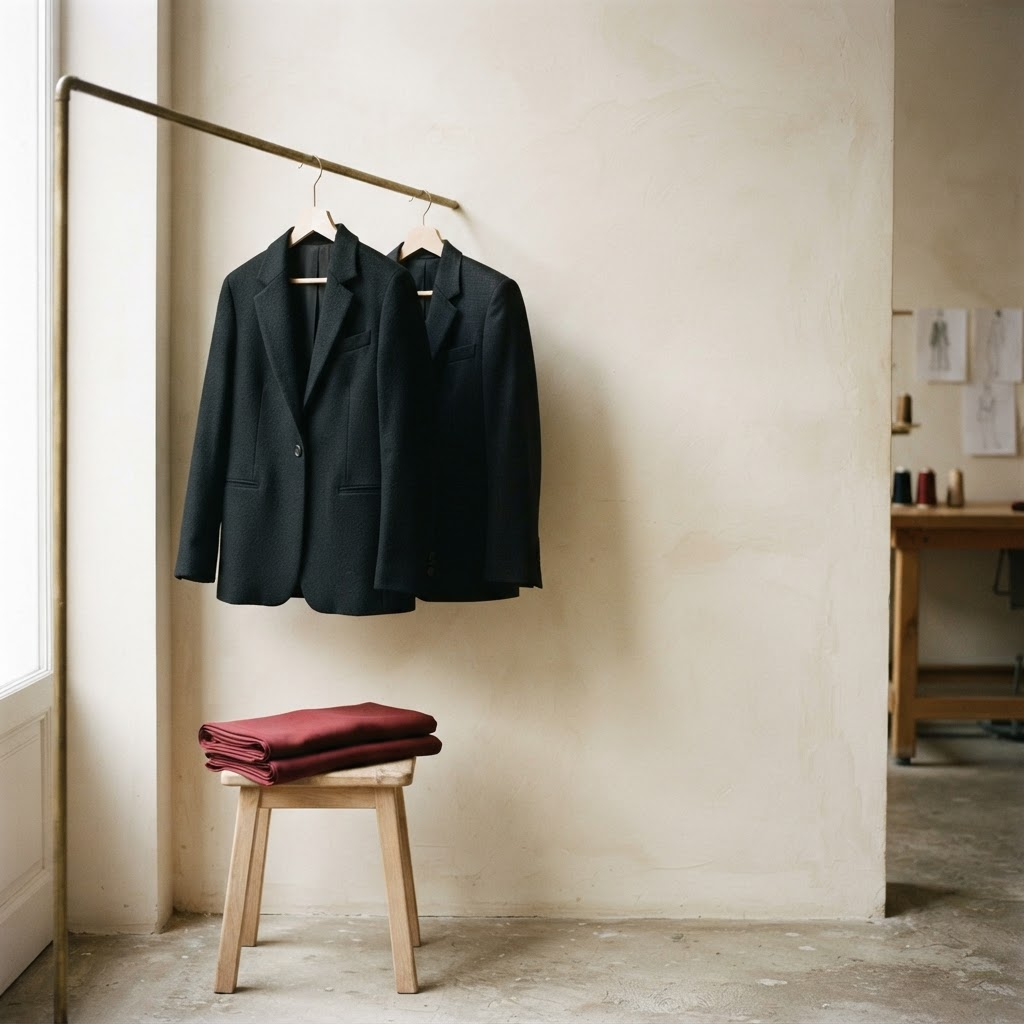Two hand-finished jackets on a brass rail in a plaster-walled Paris atelier, with folded oxblood cloth on a wooden stool