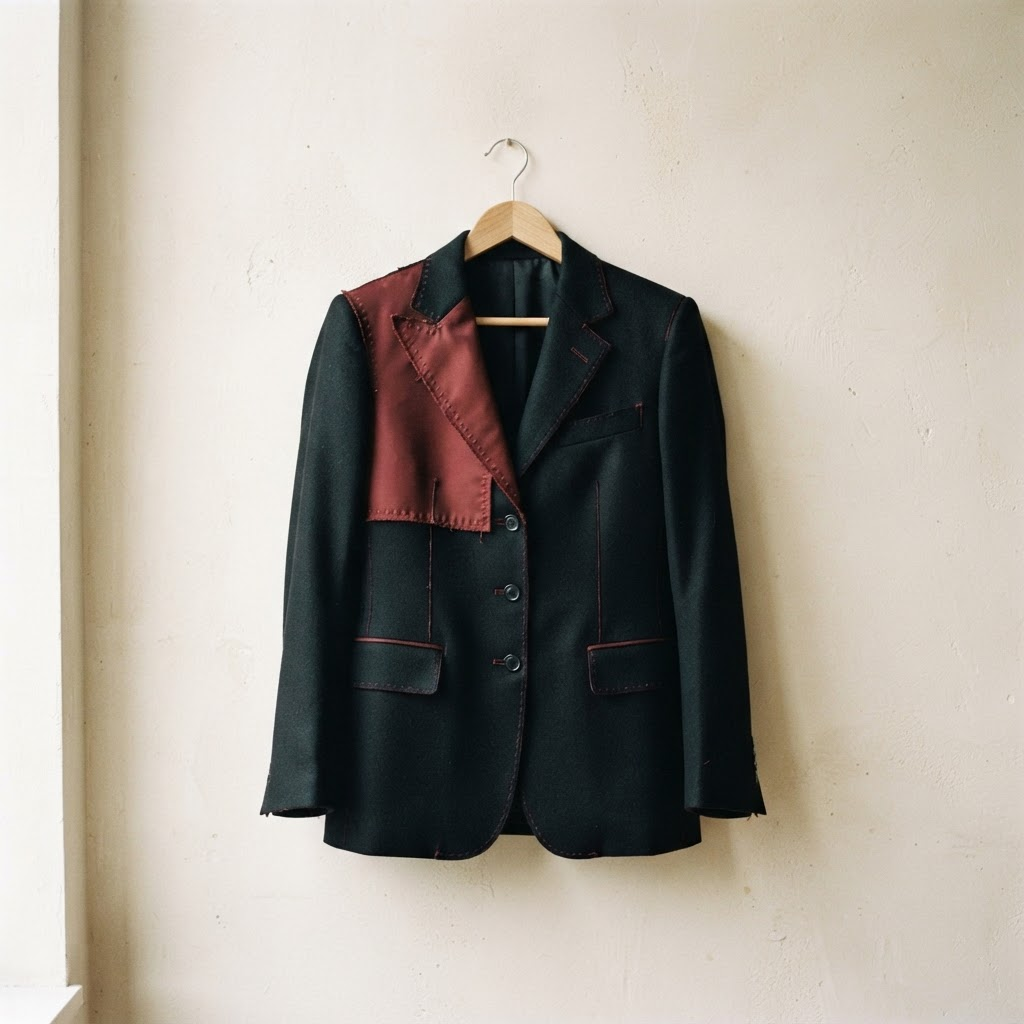 RE.1 N°007 — Maël, a dark wool jacket with an oxblood satin panel reworked across one shoulder, on a wooden hanger against plaster