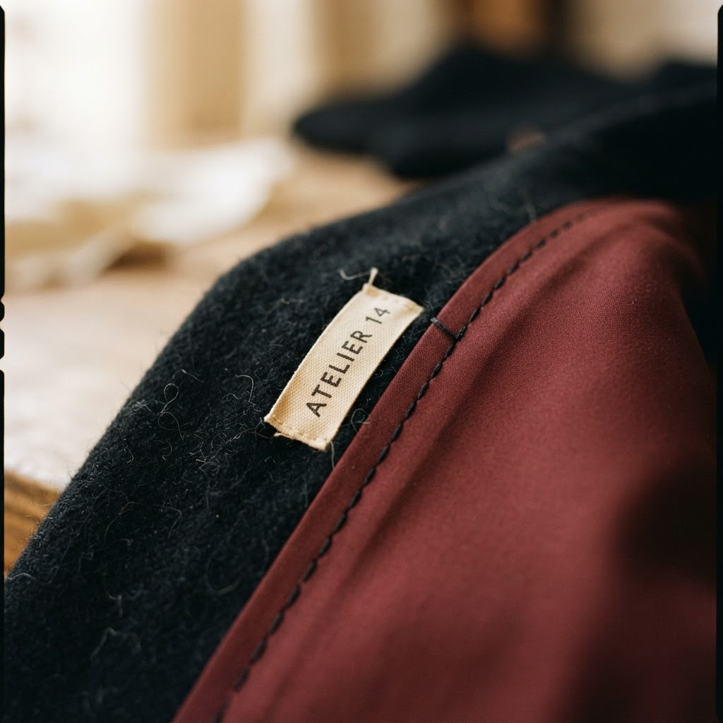 Close photograph of a hand-stitched seam where dark wool meets oxblood satin lining, with a woven ATELIER 14 label